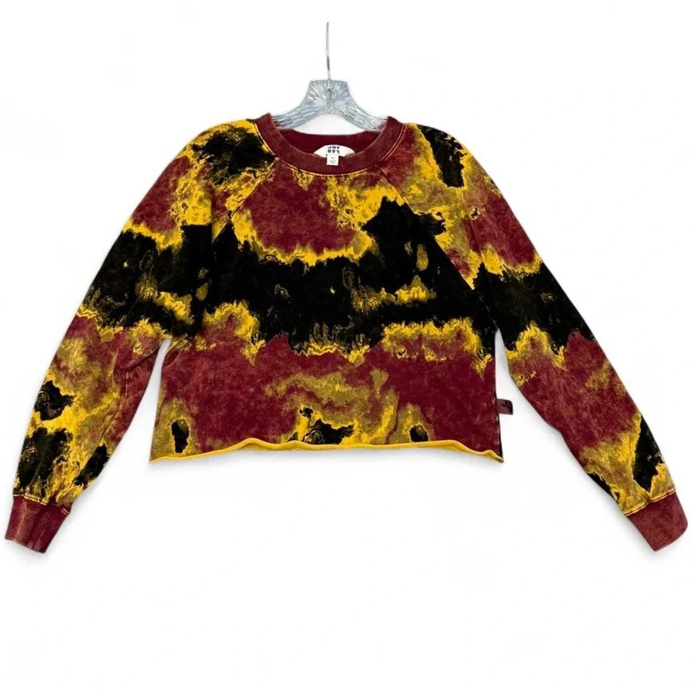 JoyLab Tie Dye Cropped Sweatshirt XS Acid Wash Burgundy Mustard Yellow Raw Hem